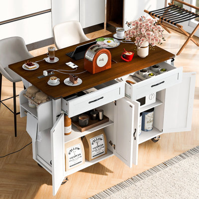 Durarte 53.5"W Kitchen Island, Locking Wheels, Drop Leaf