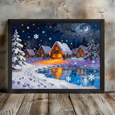 Impression sur toile encadrée noire, village de Noël impressionniste, nuit d'hiver enneigée