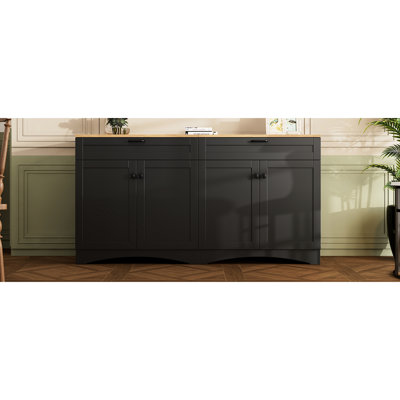 Meuble télé Style avec 2 tiroirs, convient aux téléviseurs de 70 po, aux tablettes réglables en simili grain de bois, aux supports noirs compatibles avec la courbe inférieure, aux tablettes et