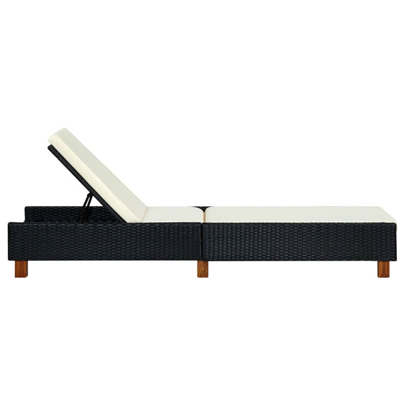 80" Long Reclining Acacia Single Chaise with Cushions, White, Black