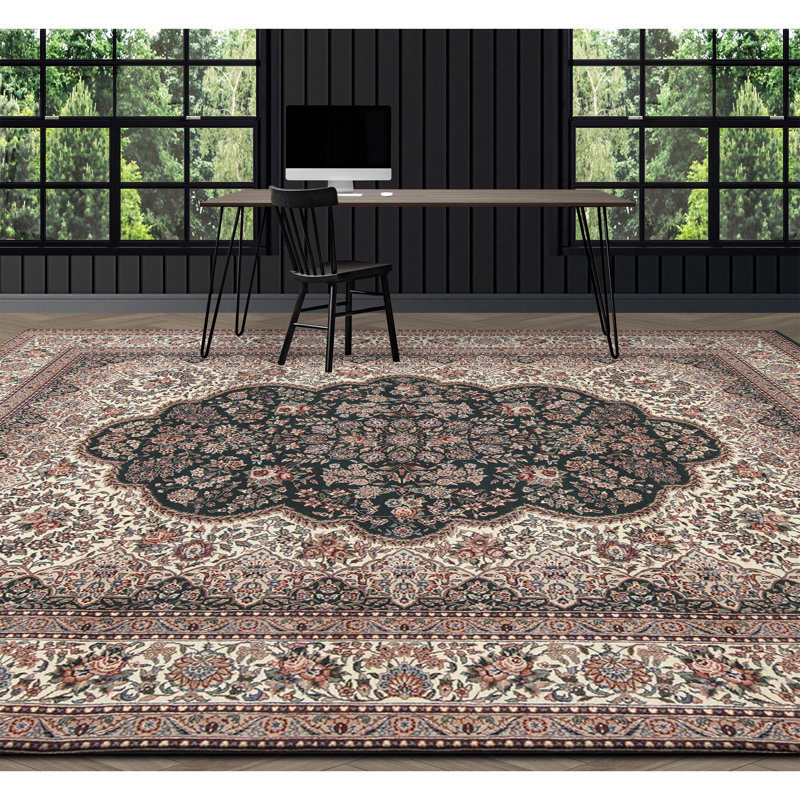 Tapis vert et ivoire noué à la main de haute qualité