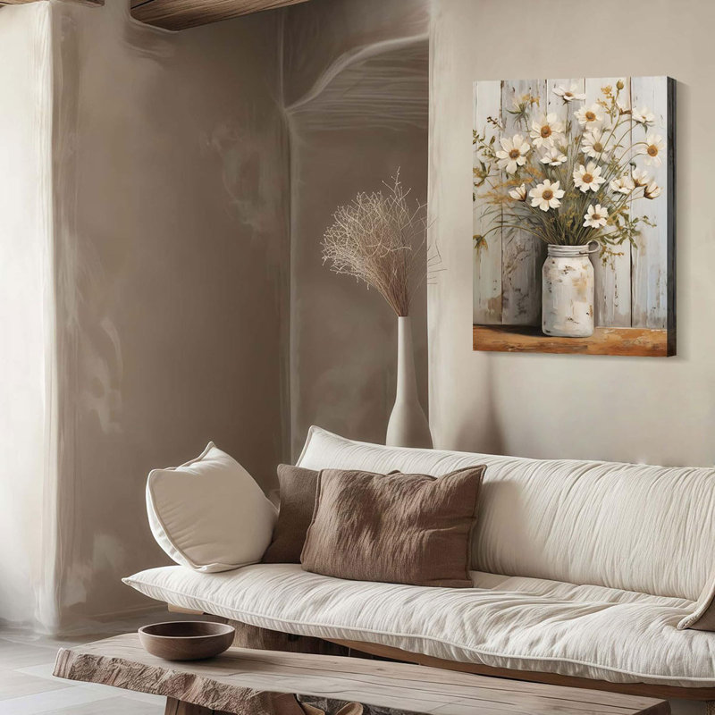 Framed Daisy Jar Vintage Flowers Wall Art Decor Canvas Print Country Poster Gallery Picture Country Plants Farmhouse Art Painting Kitchen Bathroom Living Room Decor 16x24 Inch Ready to Hang
