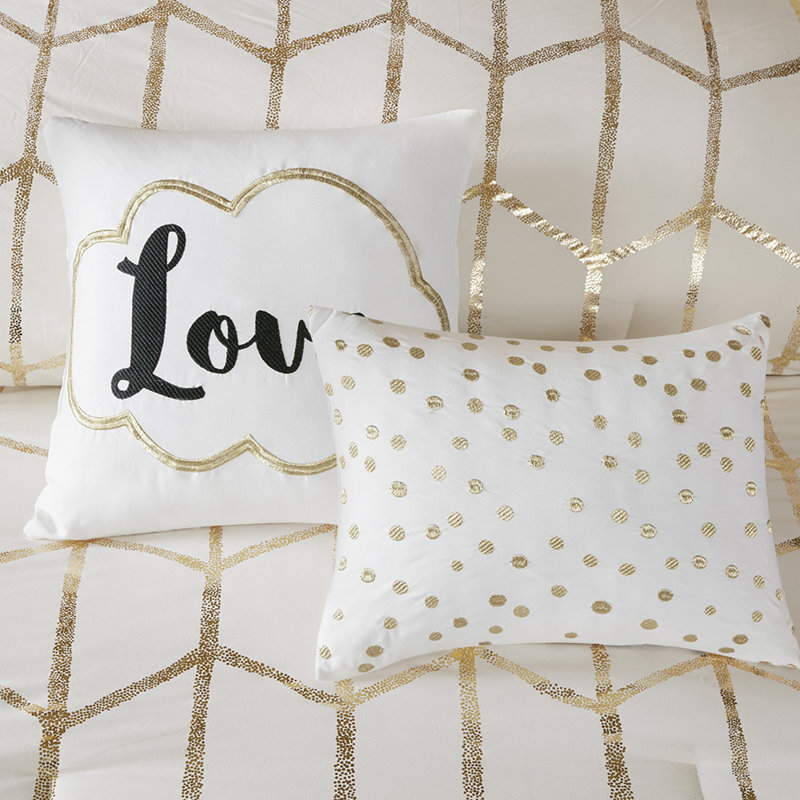 Lit double / grand et literie métallique dorée - imprimé géométrique, super doux, 2 taies décoratives, coussins décoratifs, édredon à basse température, style contemporain, base, traitement doux, lavage en machine