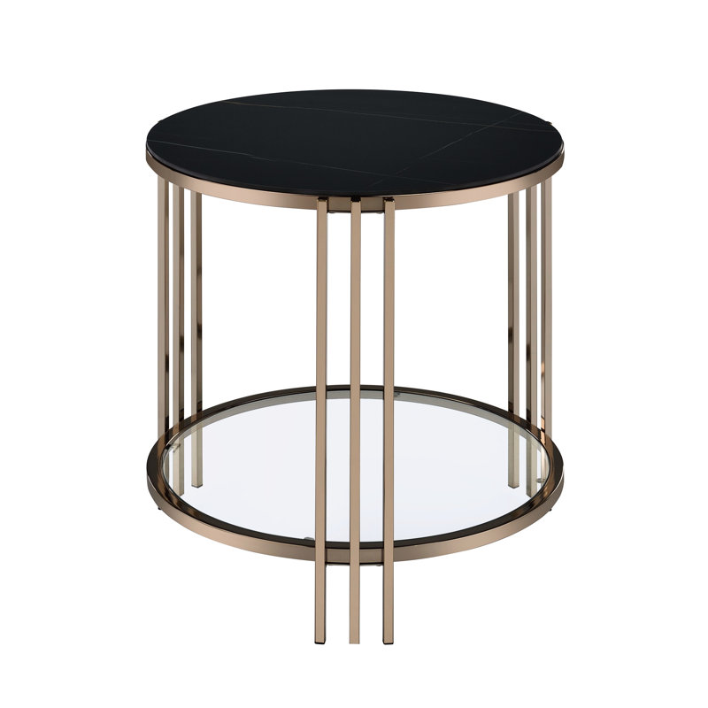 Table d'appoint en pierre frittée couleur champagne, élégante et moderne, 1 tablette, 58 x 58 x 61 cm, finition noire, luxueuse.