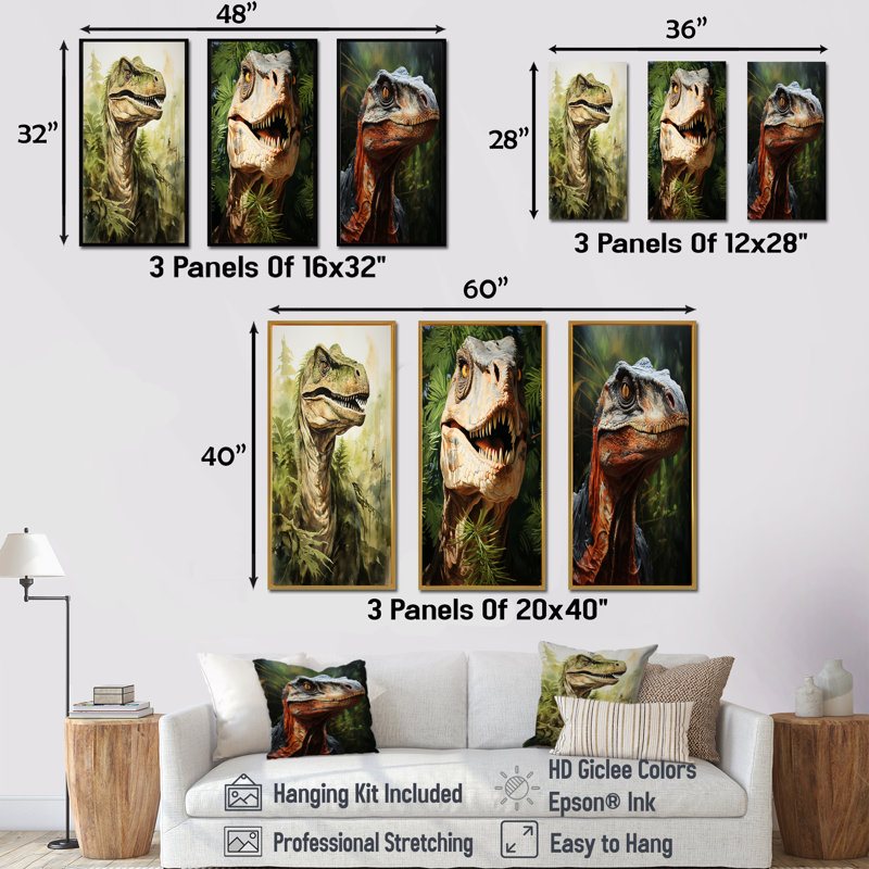 «Green Velociraptor In Jungle I», ensemble de 4 reproductions d'art sur toile, Cadre flottant blanc, H 40 po x l 60 po