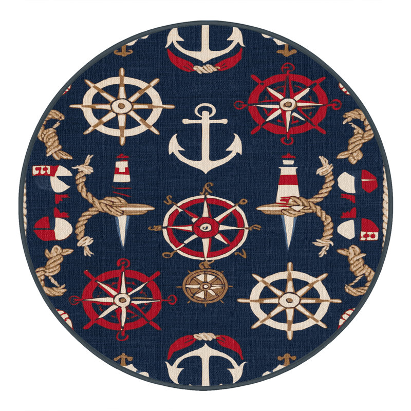 Washable Maritime Symbols Nautical Area Rug, Round 3'