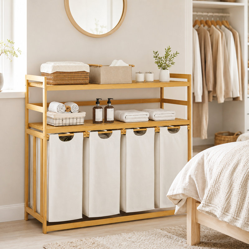 Panier à linge et tablette de rangement en bambou avec panier à linge à 4 compartiments, Blanc, 200L - 2-Tier
