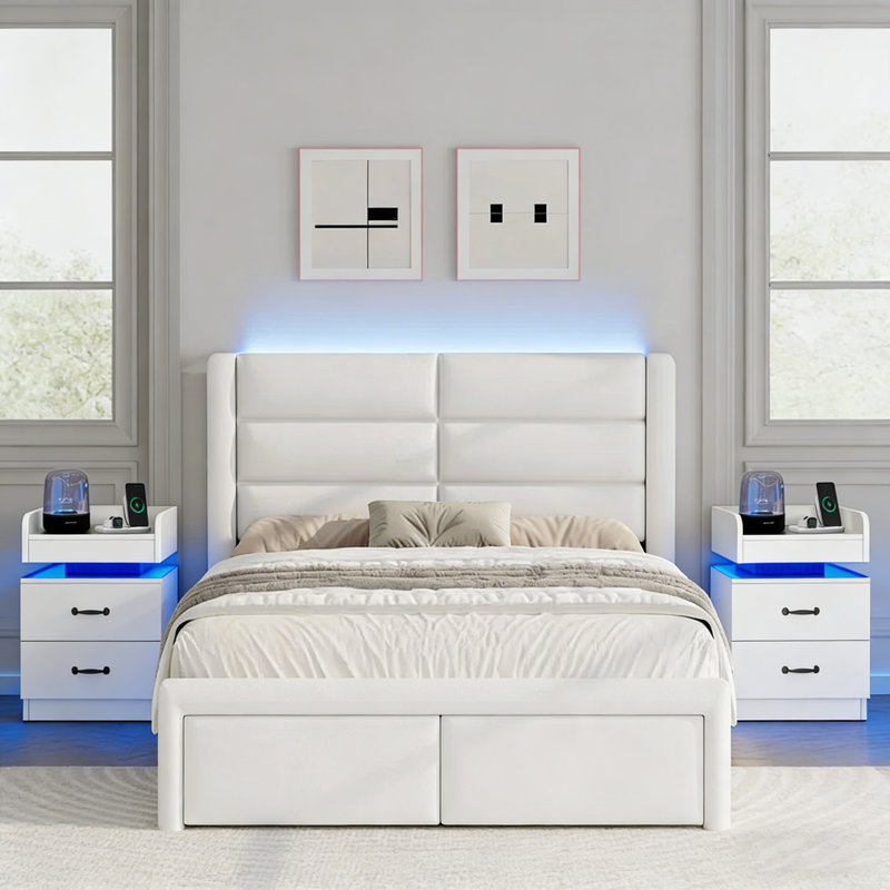 Ensemble de lit plateforme tapissier à DEL avec 2 tables de chevet modernes à DEL - ensemble de chambre à coucher 3 pièces