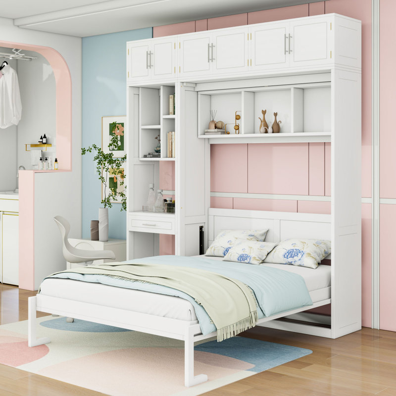 Lit escamotable avec bureau intégré et tablettes, Double, Blanc