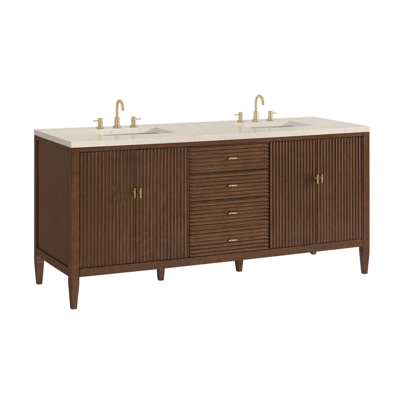 Myrrin 72'' W Double Vanity, Mid-Century Walnut, White Zeus, 8" Widespread