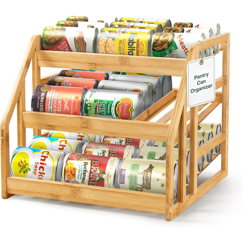 Organisateur de boîtes en bambou pour garde-manger, support à 3 niveaux avec séparateurs réglables, organisateur de nourriture en conserve par gravité, 36 canettes de rangement pour boissons gazeuses