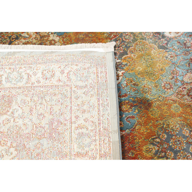 Tapis brun/bleu à motif floral Liverpool, Tapis de couloir 2 pi 6 po x 10 pi 0 po