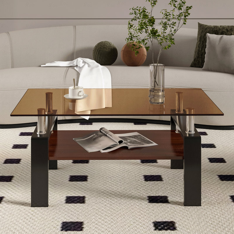 Rectangle Coffee Table Tempered Glass Tabletop MDF Layer Modern