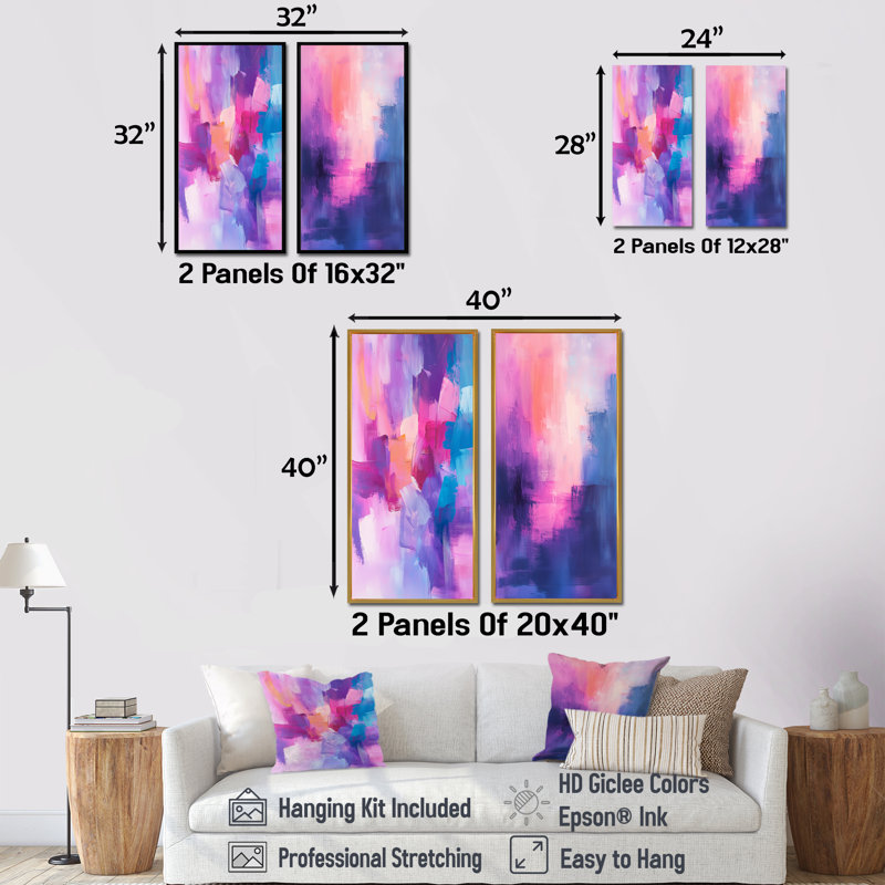 Abstrait art en ligne dans les tons de rose et mauve I - Minimalisme, ensemble d'art mural 2 pièces, H 32 po x l 32 po