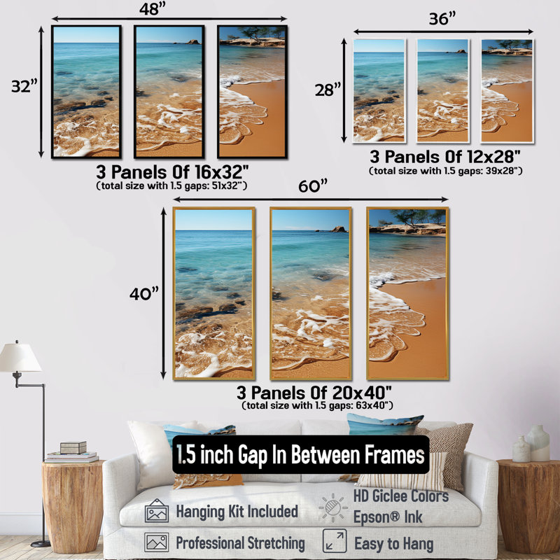 Shoreline Shadows On Beautiful Beach I - ensemble d'art sur toile côtier, Cadre flottant blanc, H 32 po x l 48 po x P 1 po