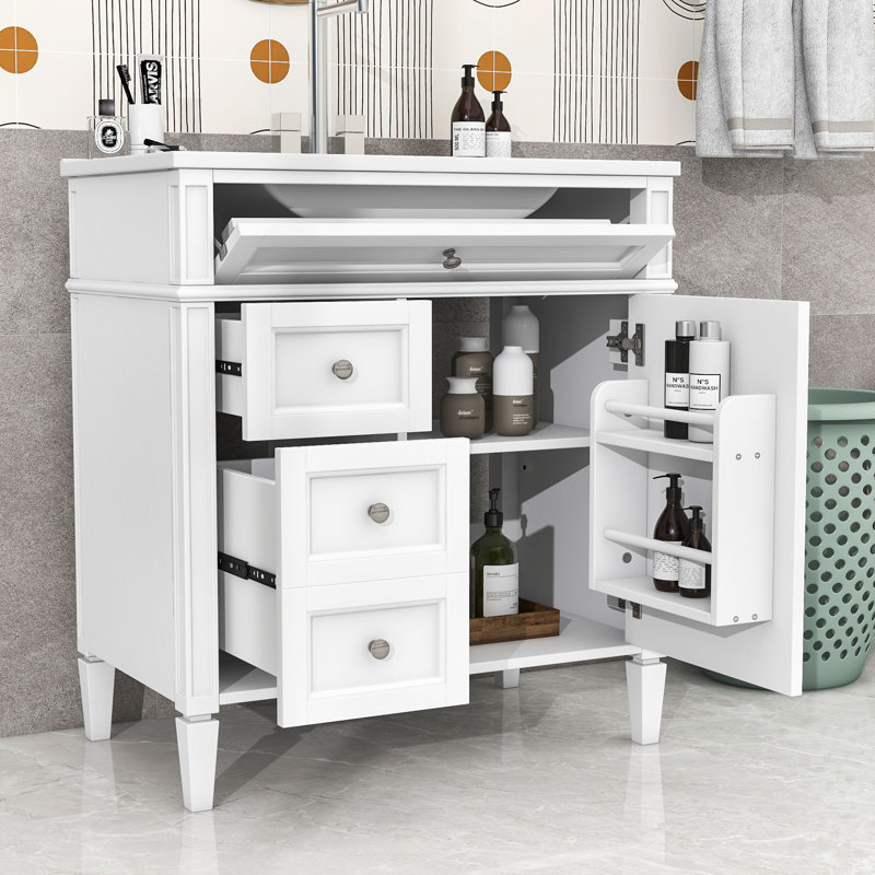 Meuble-lavabo de salle de bain avec lavabo supérieur, 2 tiroirs et un tiroir basculant, Blanc