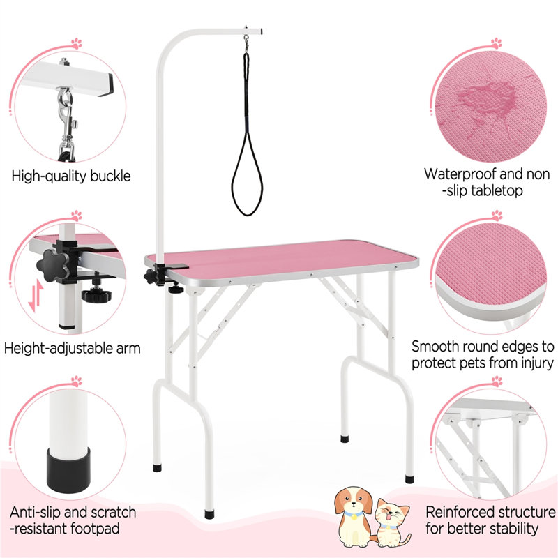 Pink Foldable Dog Grooming Table with Adjustable Arm and Noose