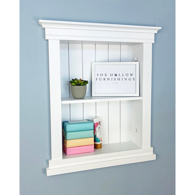 Fox Hollow Furnishings 14x18 Elliot Craftsman Recessed Wood Wall Niche Insert Shelf - NO MDF - White Beadboard Back, 14x18