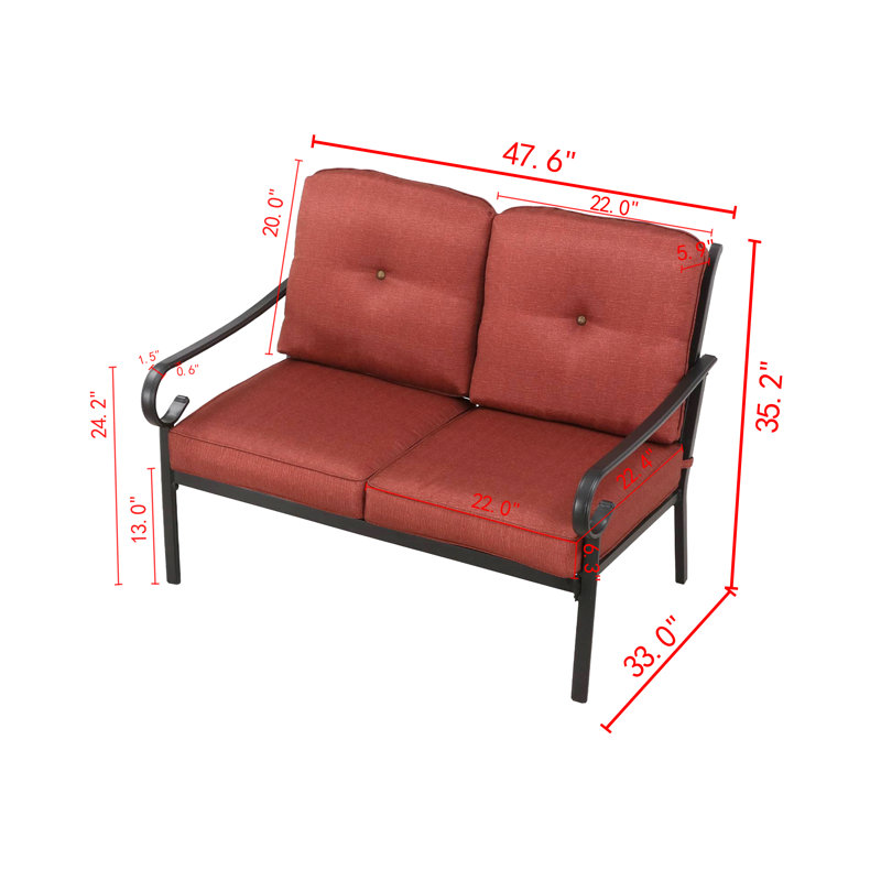 Ensemble de conversation de patio 2 pièces en métal avec coussins et table basse à lattes, Rouge