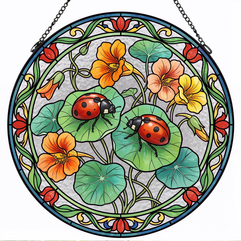Panneau de vitrail floral coccinelle ， H 12 po, H 12 po