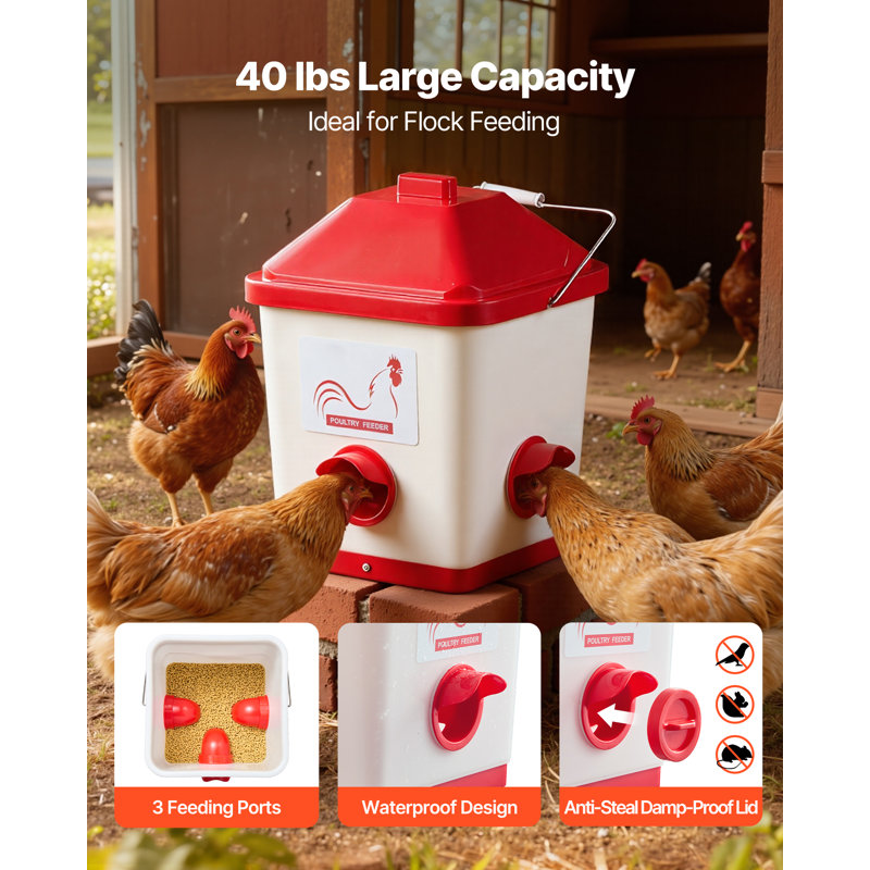Automatic Chicken Feeder And Waterer Set – 4 Buckets 2-3 Gallons, 18 Lbs Capacity, Rain Proof No-Waste Poultry Feeder For Chicken Duck Turkey (Red)