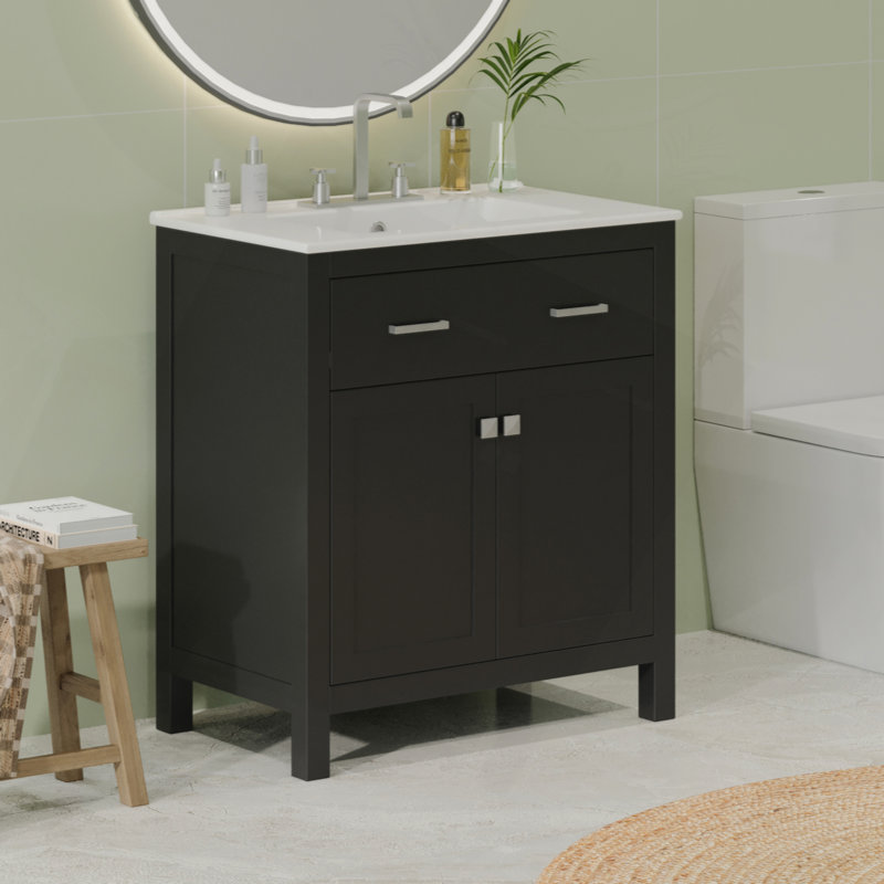 Meuble-lavabo de 30 po avec lavabo en céramique, armoire de salle de bain simple moderne avec 2 portes et une tablette, portes à fermeture douce