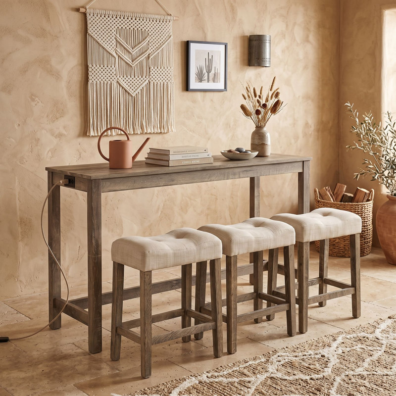 Ensemble de table de bar rectangulaire en bois avec 3 tabourets rembourrés et ports de chargement, Brun