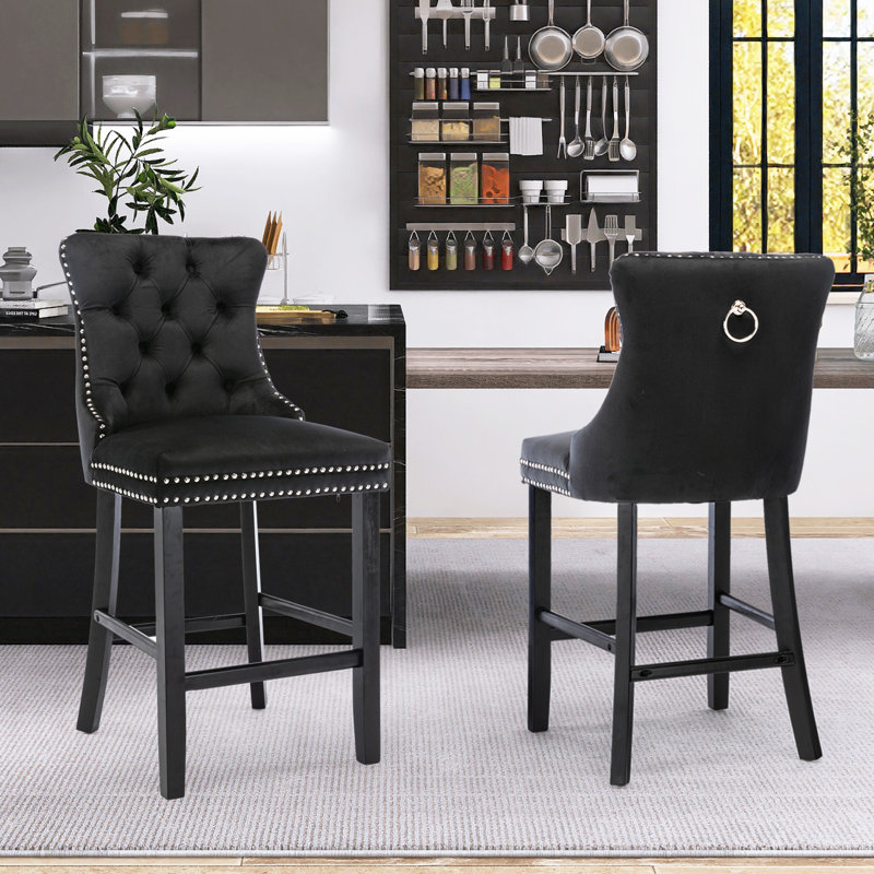 Upholstered Counter Stool with Solid Wood Frame, Black, Black