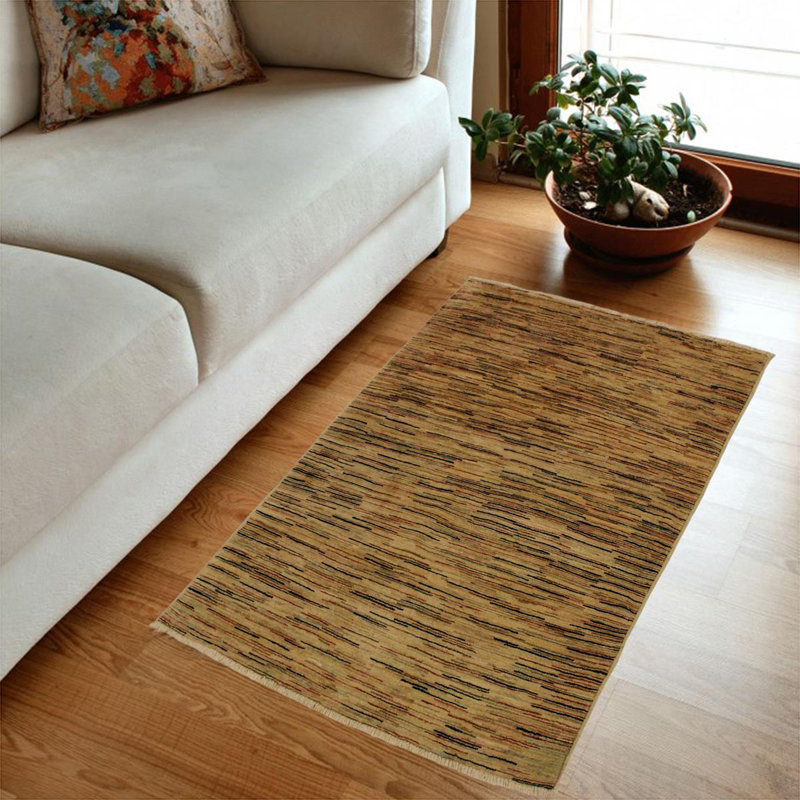 Tapis brun clair / noir en laine noué à la main sans motif et sans motif 3 pi 9 po x 5 pi 9 po