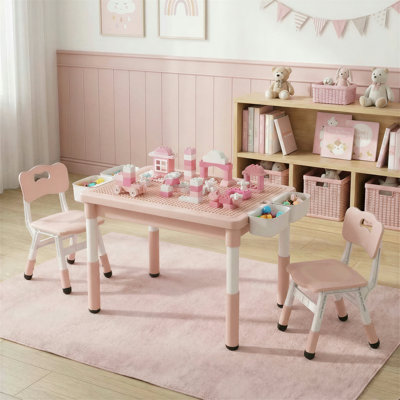 Kids Table And 2 Chairs Set, Height Adjustable Toddler Activity Lego Table With Large Storage & Double-Sided Graffiti/Block Building Tabletop, 4 Drawers For Home, Preschool, Classroom(Pink)