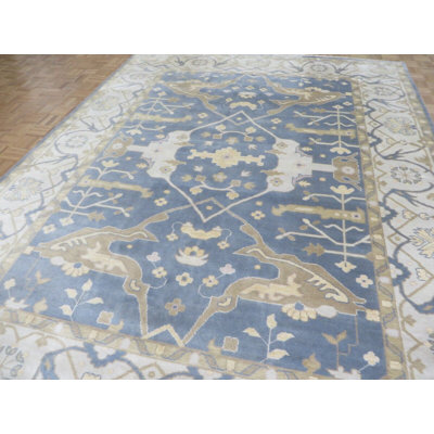 Tapis unique en laine bleu / ivoire / brun de 9 pi 1 po x 11 pi 8 po Enida