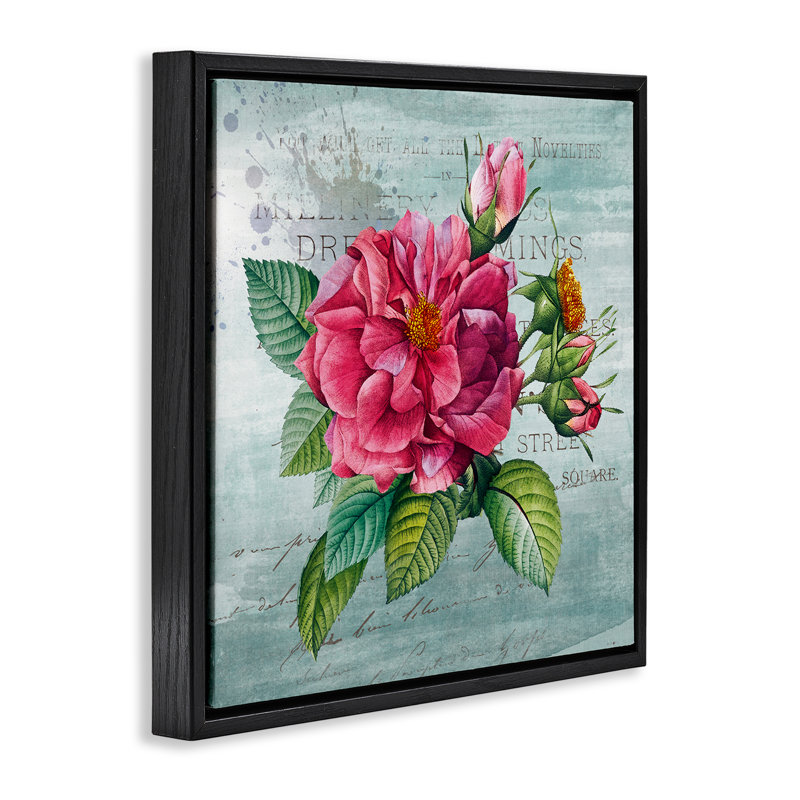 Fleur de jardin rose sur cadre flottant rustique, design par Susan Arnot, H 25 po x l 25 po, Cadre flottant noir de jais