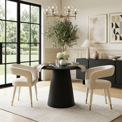 Modern 35" Black Round Dining Set For 2 With Chenille Arm Dining Chairs