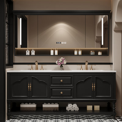 Retro floor-standing double-basin bathroom cabinet