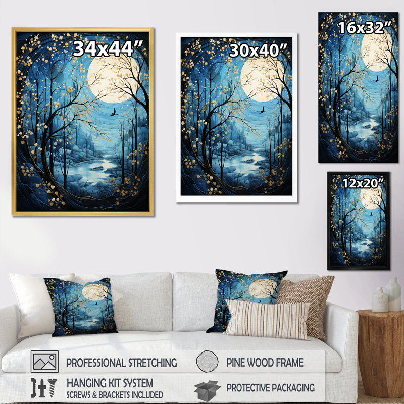 Silhouette d'arbre monochrome au clair de lune - impression sur toile florale, H 44 po x l 34 po x P 1,5 po