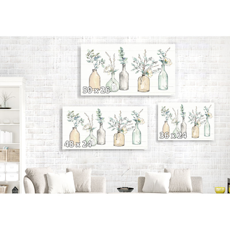 Bouteilles de campagne moderne, floral, branches, eucalyptus, sur fond blanc, bleu, brun, H 24 po x l 36 po x P 1,5 po