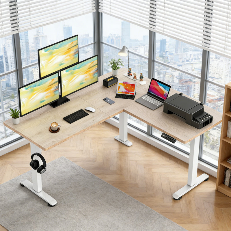 Bureau pour travailler debout en L 63 po à hauteur réglable électrique avec prises de 63 po, Beige / Blanc