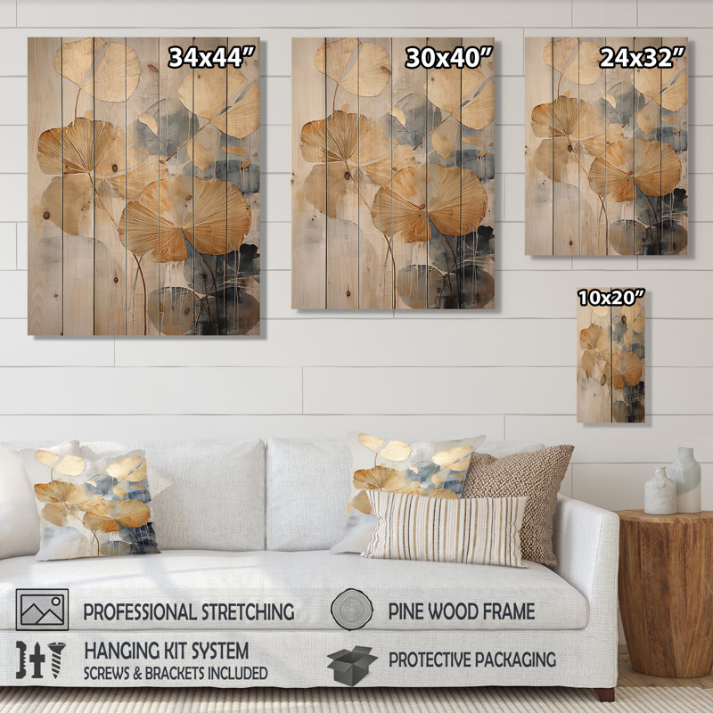 Art moderne moderne doré doré sur bois de pin naturel sur bois de pin naturel, H 32 po x l 24 po