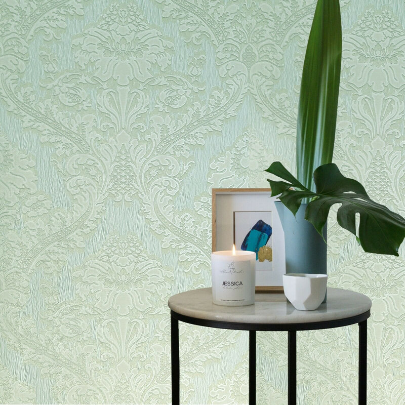 Papier peint métallique damassé victorienne texturée lourde 3D, Vert / beige / doré / métallique