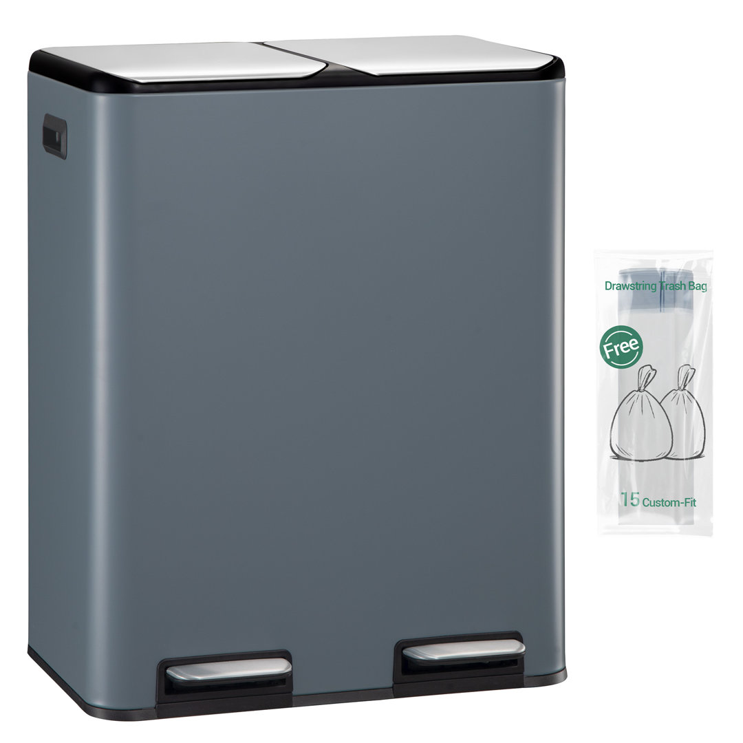 Kitchen Bin, Recycling Bins, Pedal Bin with Lid, Stainless Steel Kitchen Bins Recycling and Waste, Silent Slow-Down Closing Lid, With 15 Exclusive Tra