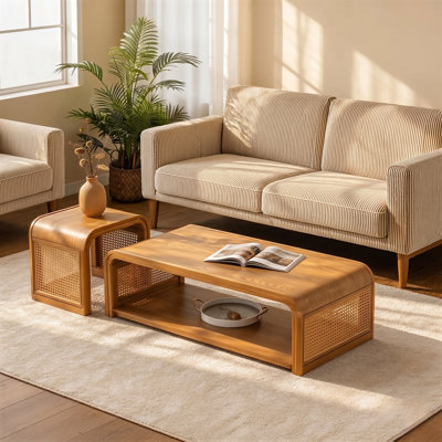 Vintage Rattan Solid Wood Table Set 2-piece With Storage Shelves Retro For Living Room