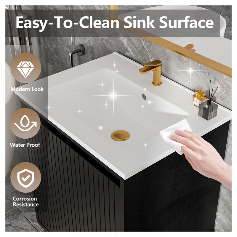 Meuble-lavabo de 24 po avec lavabo, structure autoportante pour la stabilité, portes à fermeture douce pour un fonctionnement silencieux, finition en chêne élégant pour une esthétique moderne (lavabo blanc)