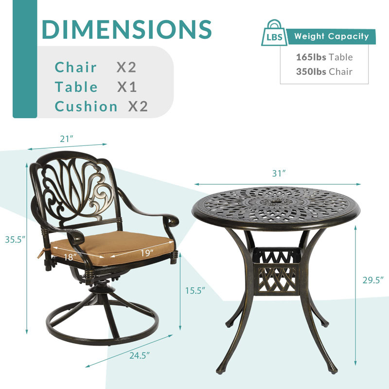 2 - Person Patio Dining Set Umbrella Hole Included Round Table with Cushions Included, Khaki