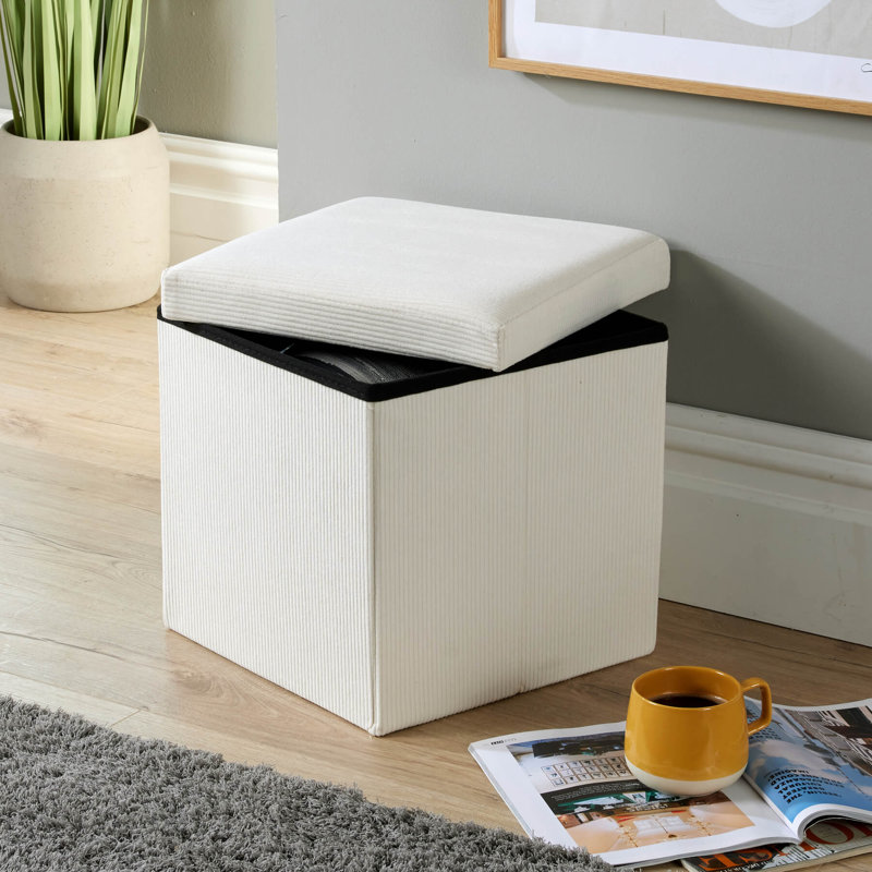 Peider 38cm Square Corduroy Fabric Storage Ottoman, Cream