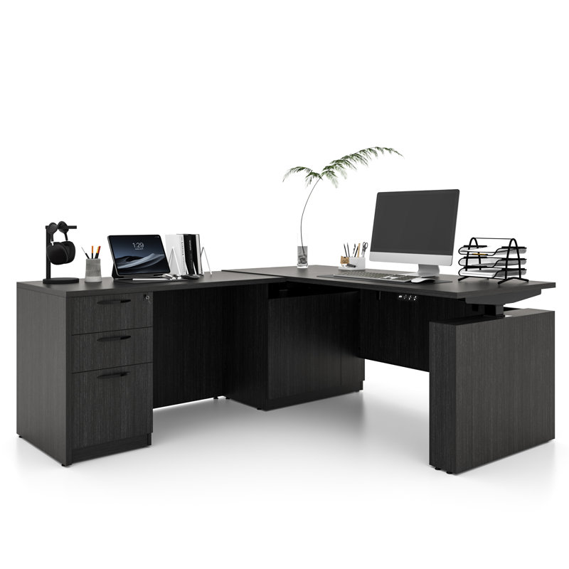 66.93" L Shaped Executive Standing Desk With File Cabinet, Gray