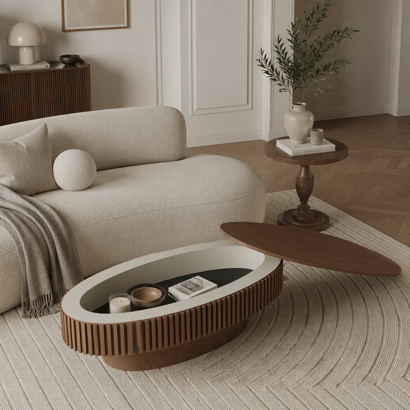 Table basse ovale avec rangement en bois massif 47 po, Noyer