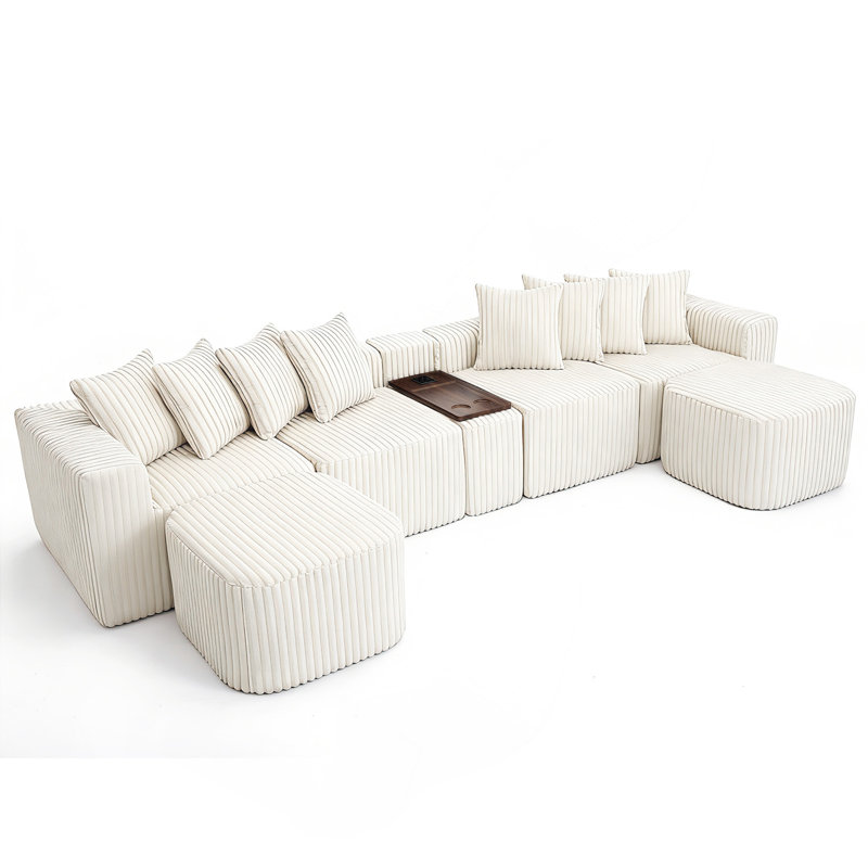 [Nouveauté] [Vidéo fournie] Canapé en U de 137,5 po, charge USB et sans fil, table basse avec porte-gobelet, canapé modulaire surdimensionné mobile, repose-pieds mobile, sans siège, 6 sièges, velours côtelé