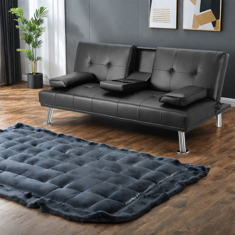 Canapé futon compact et moderne en similicuir, canapé-lit réglable avec porte-gobelets et pieds en métal pour le salon
