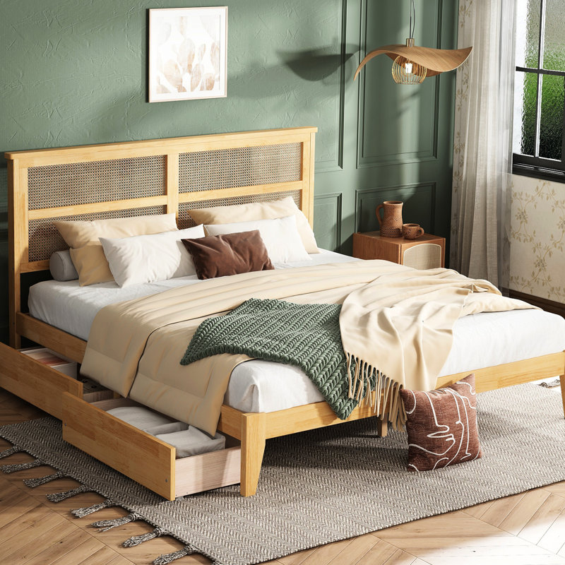 Très grand lit avec tête de lit séduisante et deux options de rangement pratiques, Très grand lit, Chêne blanc