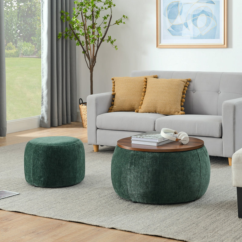 Repose-pieds rond avec rangement, fonction 2 en 1, table de bout avec repose-pieds, avec petit siège, vert (25 po x 25 po x 14,7 po)